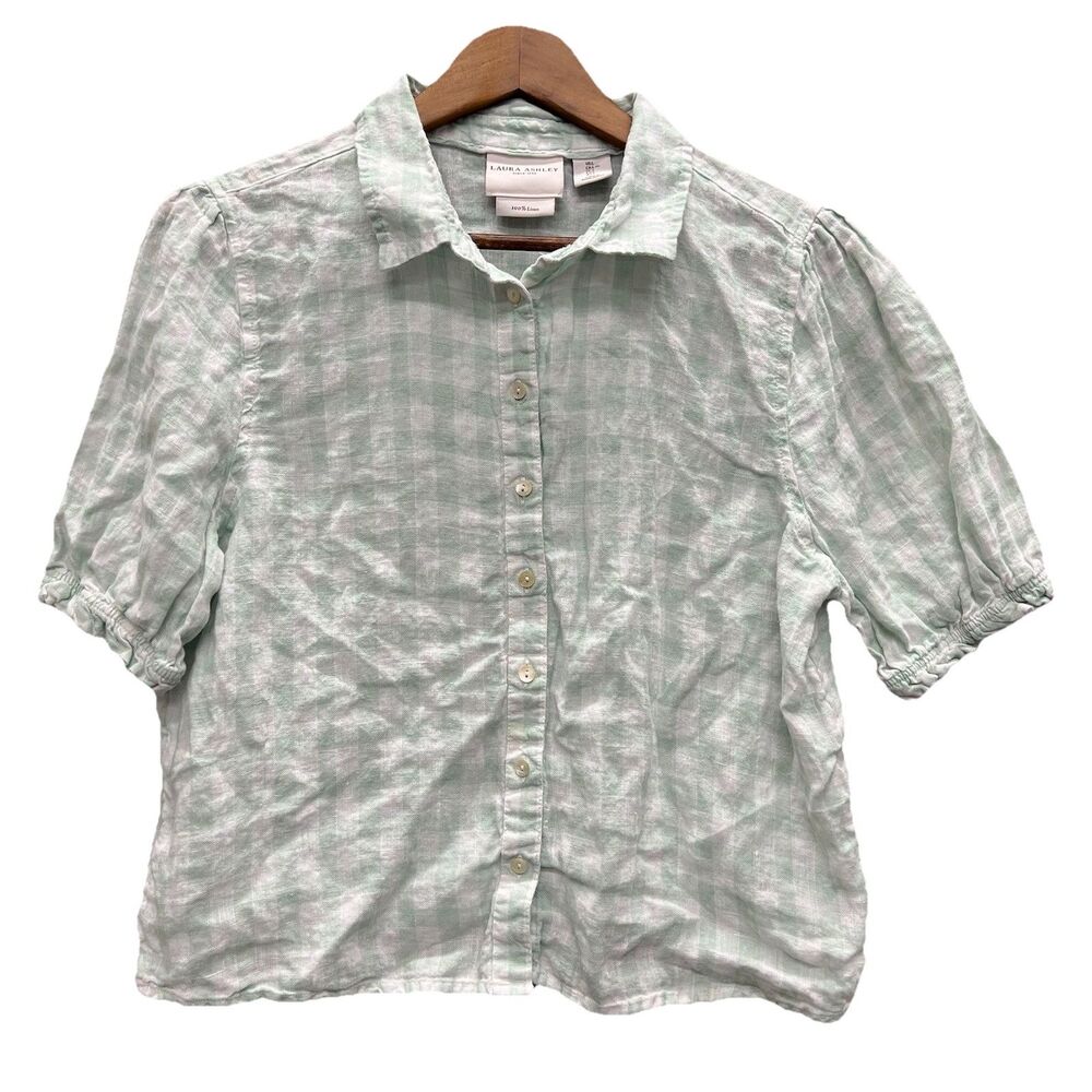Laura Ashley Linen Blouse Women‘s L Green White Cropped Puff Sleeve Cottagecore